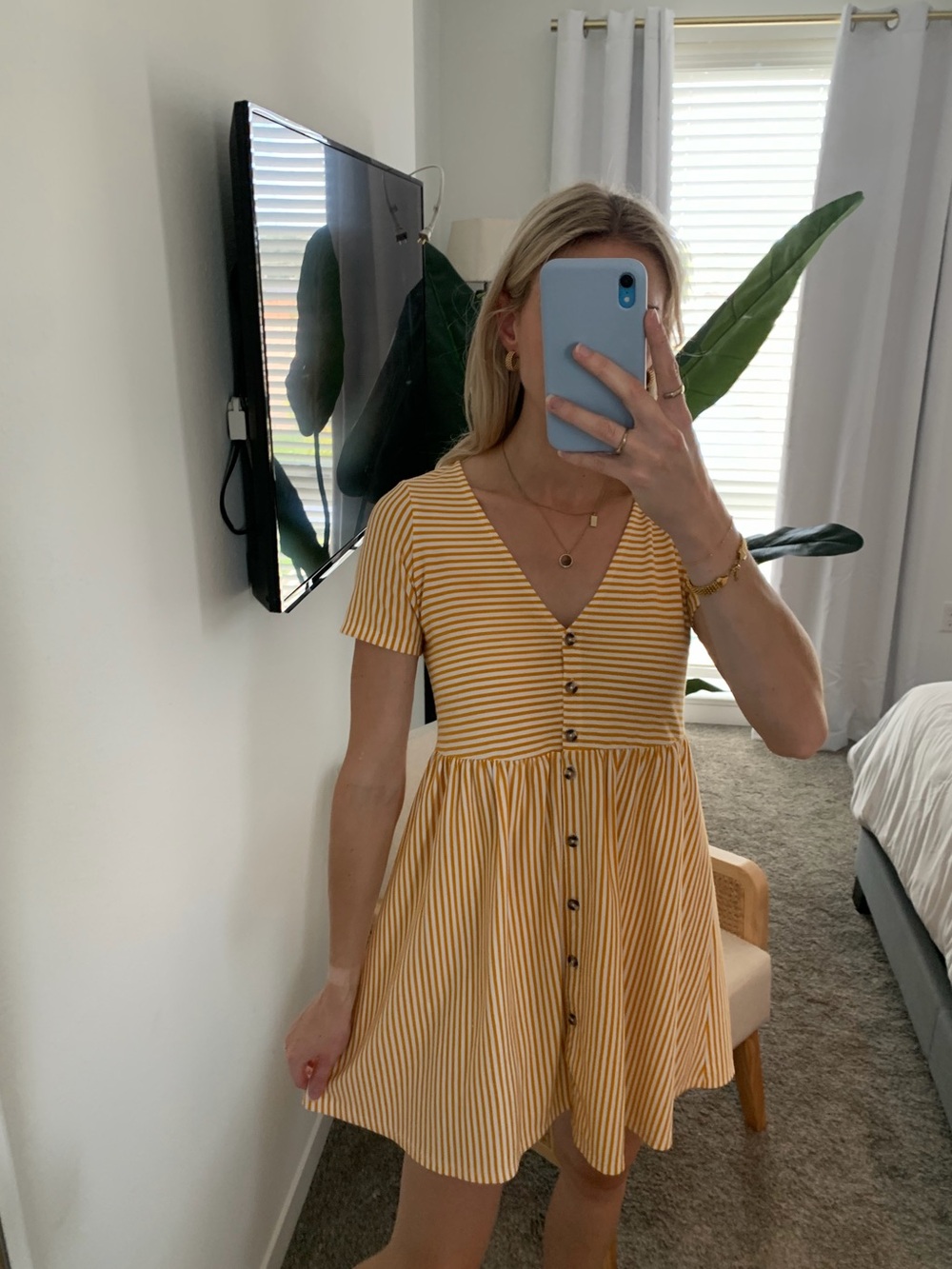 ASOS Striped Short-Sleeve Mini Dress in Yellow